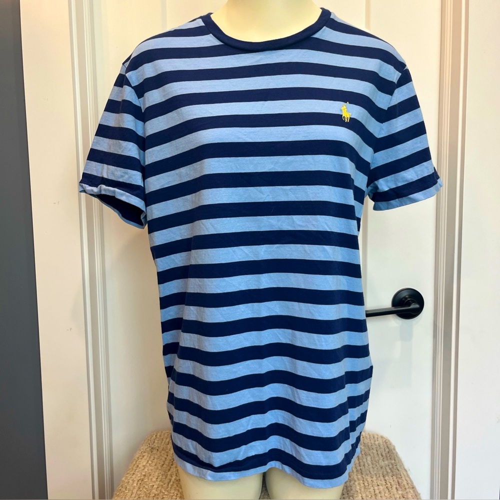 Polo Ralph Lauren Men’s Navy &‎ Light Blue Striped Yellow Pony Shirt Size Large